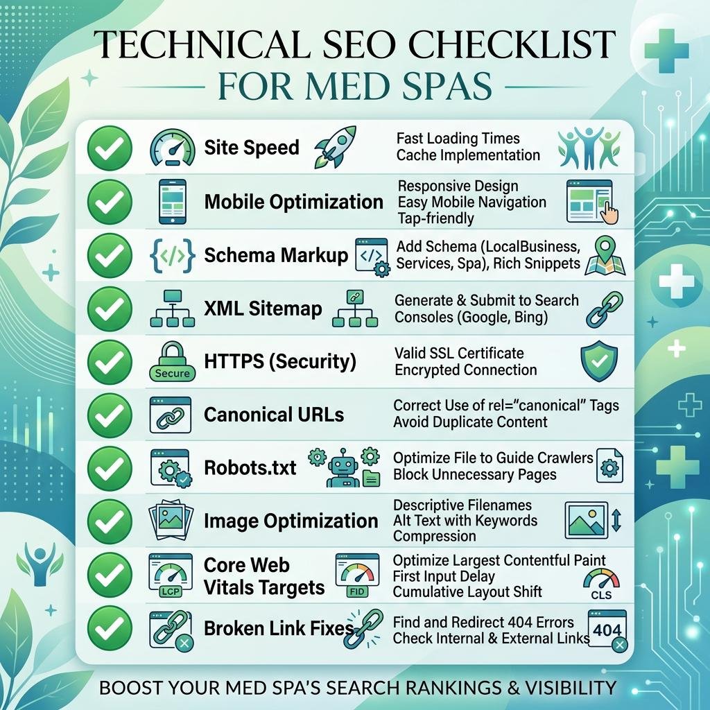 Technical SEO for Medical Spa Websites: Speed, Schema & Mobile 6 Infographic